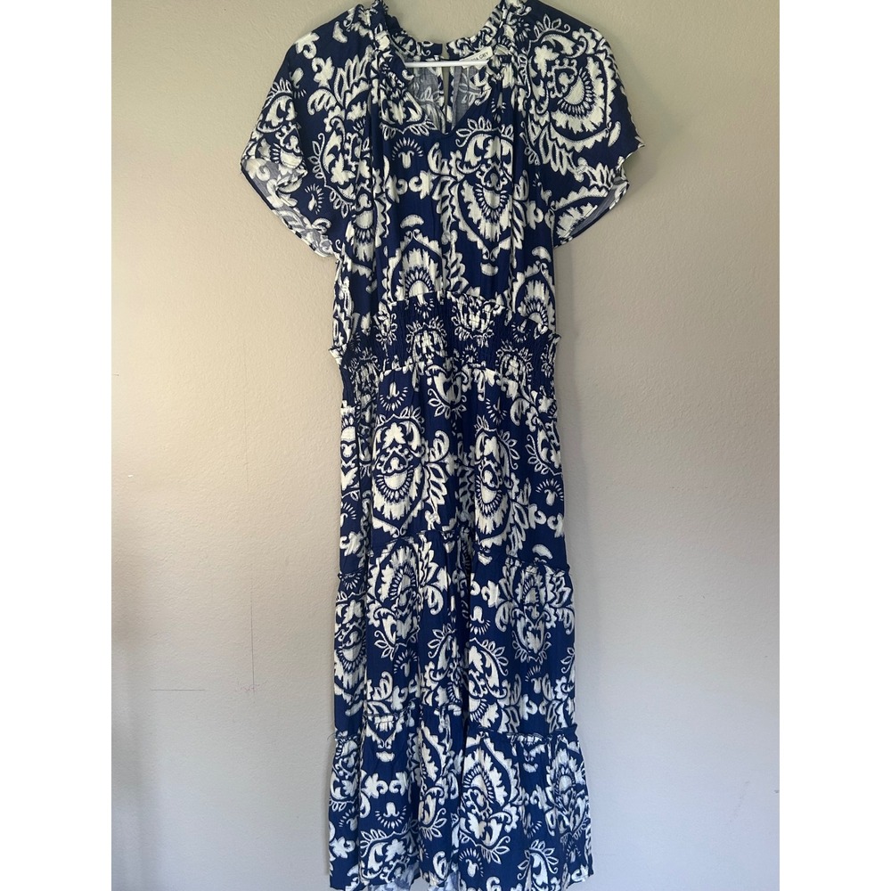 Olivia Grey Blue White Paisley Damask Smocked Waist Tiered Midi Dress Womens L
